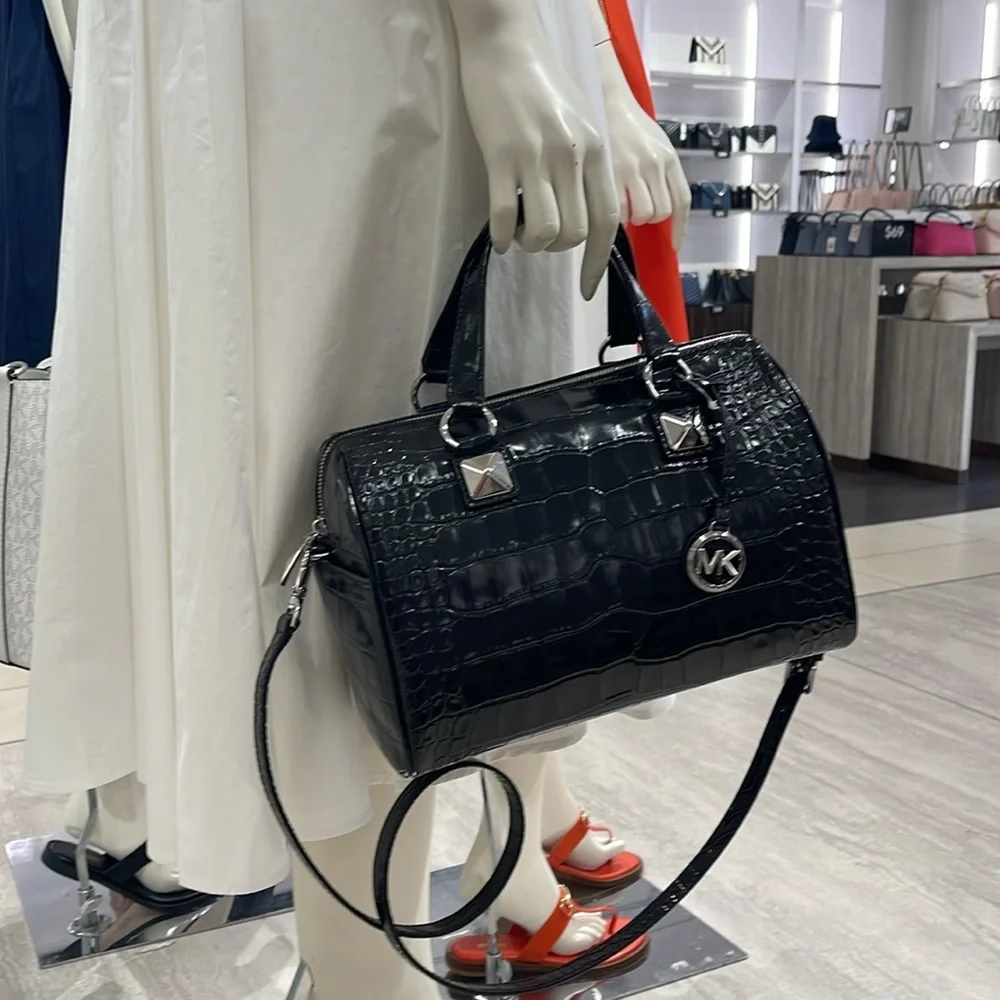 Michael Kors Grayson Medium Crocodile Embossed Leather Satchel Black  NWT